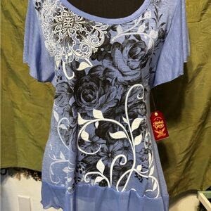 Faded Glory Blue Floral Blouse wi the Flutter Sleeves Sz Sm NWT